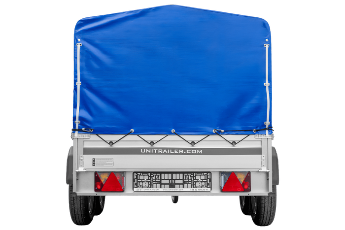 Tweeassige aanhanger met aluminium zijwanden 264x125 Unitrailer Garden 264/2 KIPP ALU met H-800 frame en blauwe afdekking