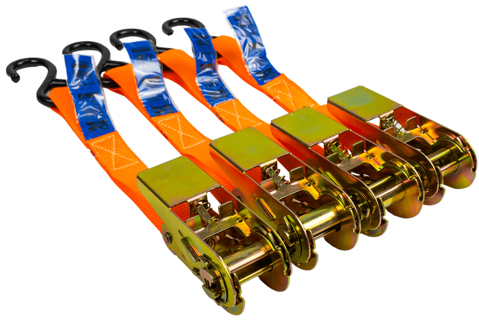 Set van vier UNITRAILER 4m/25mm/0.68t oranje transportbanden met spaninrichting in een koffer.
