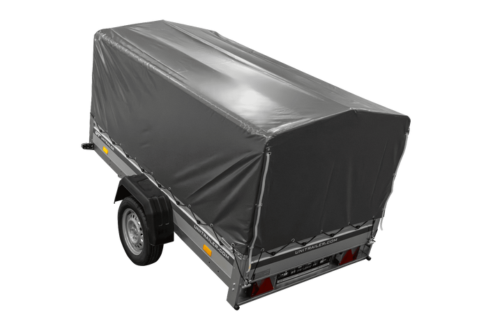 Enkelassige aanhanger met aluminium zijwanden 230x125 Unitrailer Garden 230 KIPP ALU met H-800 frame en grijze afdekking