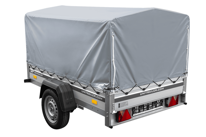 Autoaanhanger op veren met aluminium zijwanden 200x125 Unitrailer Garden 201/R KIPP ALU met H-800 frame en grijze afdekking