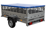 Enkelassige kipperaanhanger voor een persoonswagen Unitrailer GARDEN TRAILER 230 KIPP met een steunwiel, gaaswanden en een blauwe vlakke kap op een frame