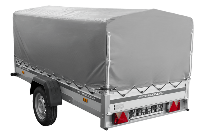 Enkelassige aanhanger met aluminium zijwanden 264x125 Unitrailer Garden 264 KIPP ALU met H-800 frame en grijze afdekking
