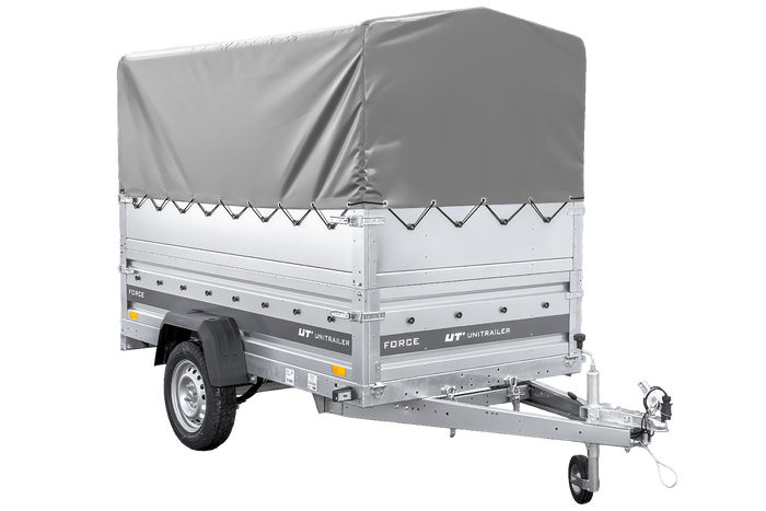 Enkelassige aanhanger op veren 230x125 UNITRAILER FORCE 230/R KIPP met BIS-zijwanden, H-800 frame en grijze afdekking