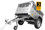 Kleine enkelassige aanhanger Unitrailer GARDEN TRAILER 150 KIPP met steunwiel, gaaswanden en een vlakke grijze kap