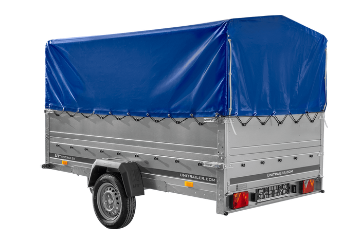 Eenassige aanhangwagen 264x150 UNITRAILER GARDEN 265 KIPP met opzetborden H-800 frame en blauwe huif