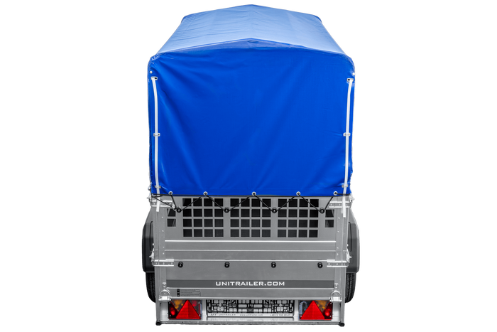 Lichte aanhanger 200x106 UNITRAILER GARDEN 200 KIPP met gaaswanden, H-800 frame en blauwe hoes