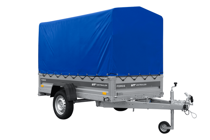 Lichte aanhanger 230x125 UNITRAILER FORCE 230 KIPP met H-1100 frame en blauwe hoes