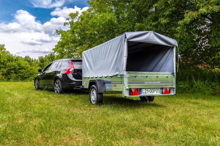 Enkelassige aanhanger 230x125 UNITRAILER GARDEN 230 KIPP met H-800 frame en grijze afdekking
