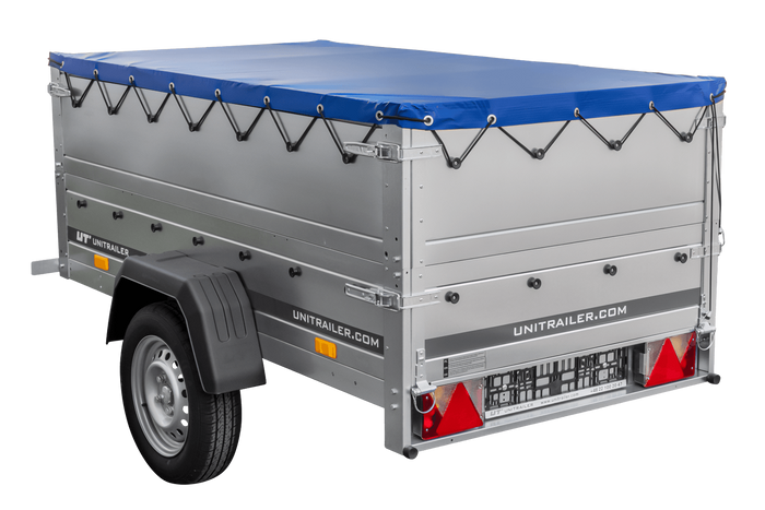 Autoaanhanger 200x106 UNITRAILER GARDEN 200 KIPP met BIS-zijwanden, H-0 frame en blauwe afdekking
