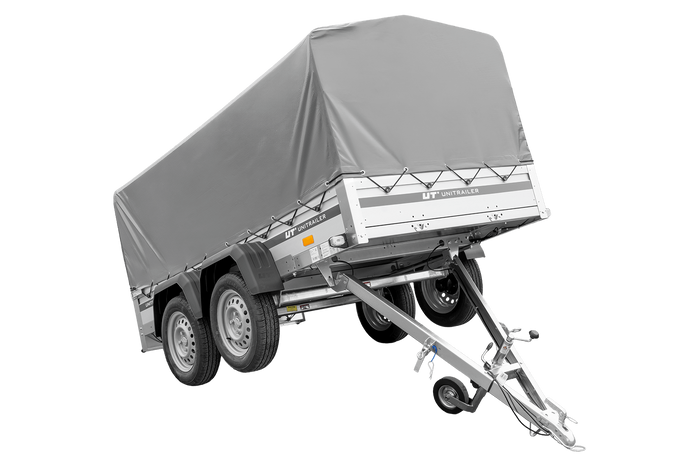 Tweeassige aanhanger met aluminium zijwanden 264x125 Unitrailer Garden 264/2 KIPP ALU met H-800 frame en grijze afdekking