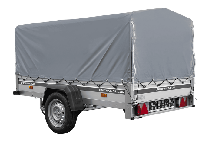 Enkelassige aanhanger op veren met aluminium zijwanden 230x125 Unitrailer Garden 230/R KIPP ALU met H-800 frame en grijze afdekking