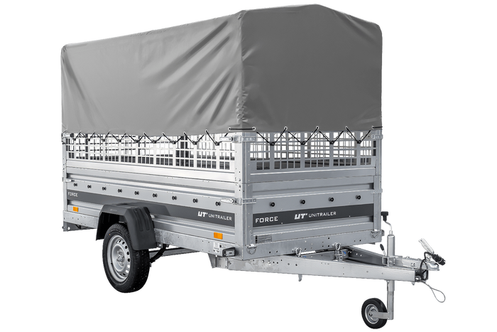 Autotransportaanhanger op veren 264x125 UNITRAILER FORCE 264/R KIPP met gaaswanden, H-800 frame en grijze afdekking