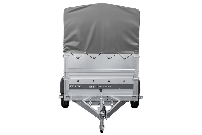 Enkelassige aanhanger op veren 230x125 UNITRAILER FORCE 230/R KIPP met BIS-zijwanden, H-800 frame en grijze afdekking