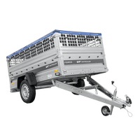 Enkelassige aanhanger 230x125 UNITRAILER FORCE 230 KIPP met gaaswanden, H-0 frame en blauwe afdekking.