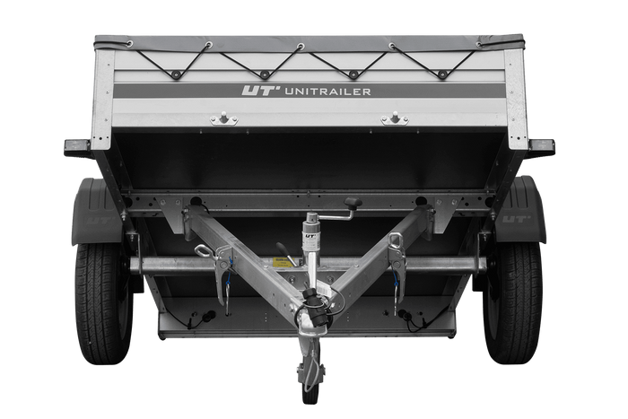 Enkelassige aanhanger met aluminium zijwanden 200x125 Unitrailer Garden 201 KIPP ALU met H-0 frame en grijze afdekking