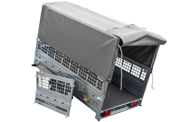 1-assige kiepwagen 230 x 125 Garden Trailer 230 KIPP met mesh boordwanden en H-800 frame met grijze kap