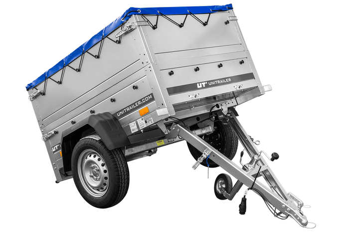 Unitrailer GARDEN TRAILER 150 KIPP met steunwiel, twee zijkanten en blauwe vlakke afdekking