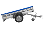 Enkelassige aanhanger op veren met aluminium zijwanden 200x125 Unitrailer Garden 201/R KIPP ALU met H-0 frame en blauwe afdekking