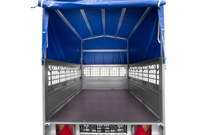 Autoaanhanger 200x125 UNITRAILER GARDEN 201 KIPP met gaaswanden, H-800 frame en grijs dekzeil