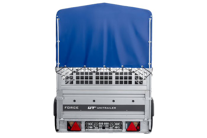 Autotransportaanhanger op veren 264x125 UNITRAILER FORCE 264/R KIPP met gaaswanden, H-800 frame en blauwe hoes