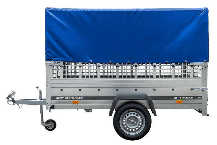 Enkelassige aanhanger 230x125 UNITRAILER GARDEN 230 KIPP met gaaswanden, H-800 frame en blauw dekzeil