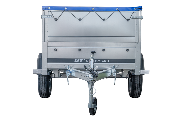 Nieuwe GARDEN TRAILER 200 KIPP autoaanhanger met steunwiel, bis zijkanten en blauwe vlakke afdekking