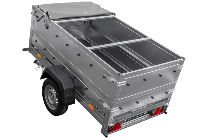 Enkelassige aanhanger 200x106 UNITRAILER GARDEN 200 KIPP met BIS-zijwanden, H-0 frame en grijze afdekking