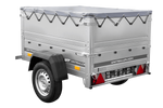 Unitrailer GARDEN TRAILER 150 KIPP met een steunwiel, twee zijkanten en een grijze platte afdekking op een frame