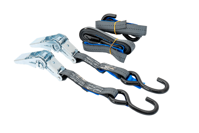 Set van twee HILLS 3m/25mm/1t transportbanden met spanner en twee 0,45m harnassen voor het vastzetten van de motorfiets