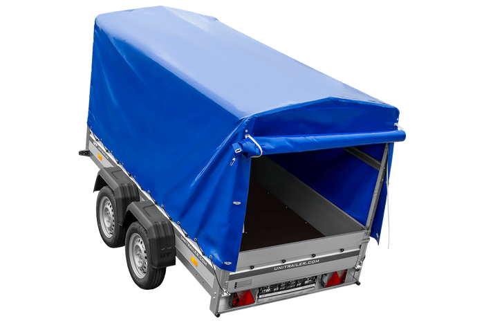 Tweeassige aanhanger met aluminium zijwanden 264x125 Unitrailer Garden 264/2 KIPP ALU met frame H-1100 en blauwe afdekking