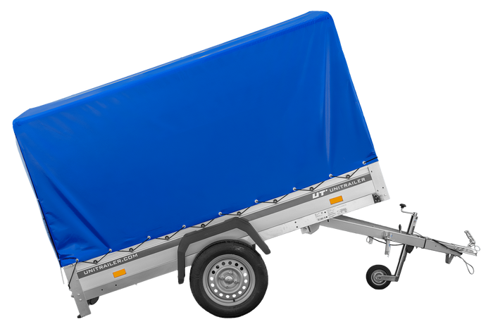 Autoaanhanger met aluminium zijwanden 230x125 Unitrailer Garden 230 KIPP ALU met H1100 frame en blauwe afdekking