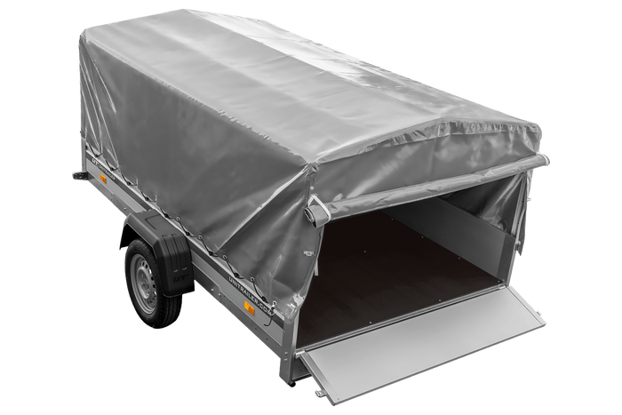 Enkelassige aanhanger met aluminium zijwanden 264x150 Unitrailer Garden 265 KIPP ALU met H-800 frame en grijze afdekking
