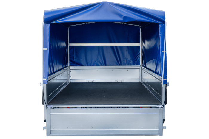Enkelassige aanhangwagen op veren 264x125 UNITRAILER GARDEN 264/R KIPP met H-800 frame en blauw dekzeil