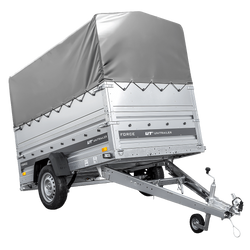 Enkelassige aanhanger op veren 230x125 UNITRAILER FORCE 230/R KIPP met BIS-zijwanden, H-800 frame en grijze afdekking