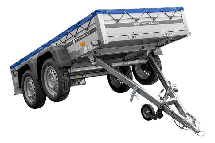 Tweeassige aanhanger met aluminium zijwanden 264x125 Unitrailer Garden 264/2 KIPP ALU met H-0 frame en blauwe afdekking