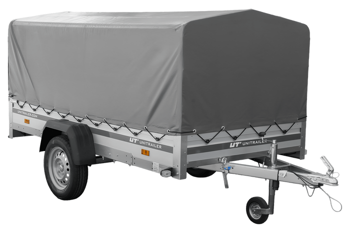 Enkelassige aanhanger met aluminium zijwanden 264x125 Unitrailer Garden 264 KIPP ALU met H-800 frame en grijze afdekking
