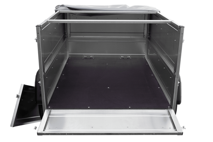 Unitrailer GARDEN TRAILER 150 KIPP met een steunwiel, twee zijkanten en een grijze platte afdekking op een frame