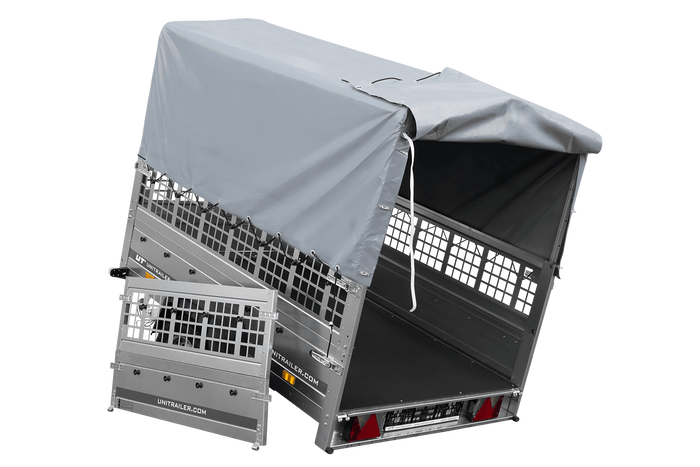 Enkelassige aanhangwagen op veren 200x125 UNITRAILER GARDEN 201/R KIPP met roosterwanden, H-800 frame en grijze afdekking