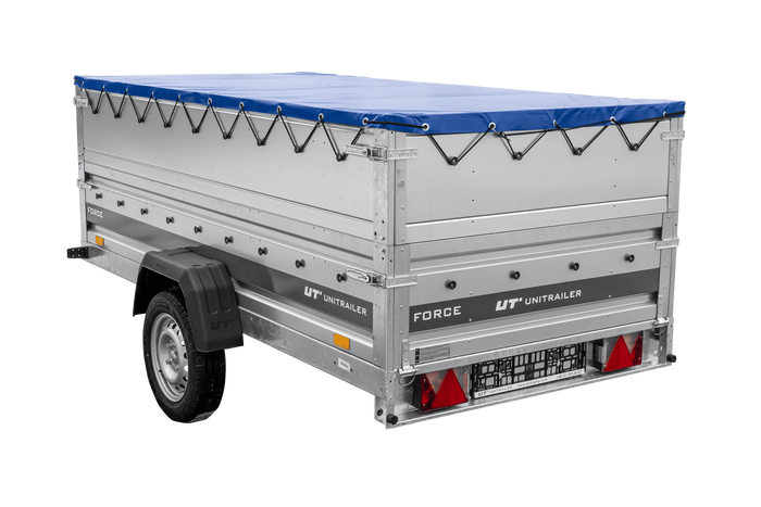 Lichte aanhanger 264x125 UNITRAILER FORCE 264 KIPP met BIS-zijwanden, H-0 frame en blauwe afdekking