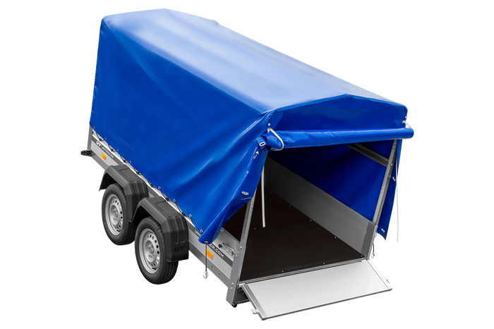 Tweeassige aanhanger met aluminium zijwanden 264x125 Unitrailer Garden 264/2 KIPP ALU met frame H-1100 en blauwe afdekking