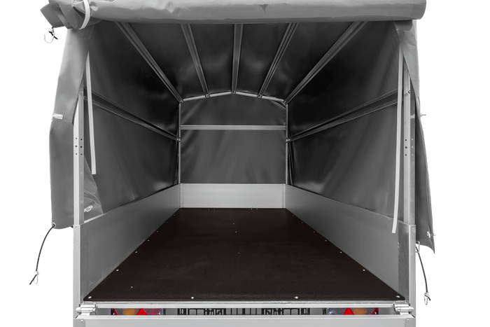 Tweeassige aanhanger met aluminium zijwanden 264x125 Unitrailer Garden 264/2 KIPP ALU met frame H-1100 en grijze afdekking