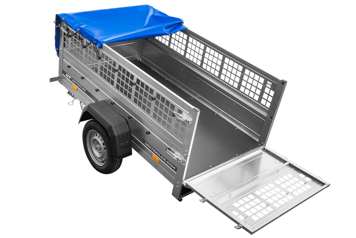 Enkelassige aanhanger 200x106 UNITRAILER GARDEN 200 KIPP met gaaswanden en blauw dekzeil