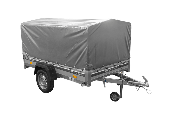Enkelassige aanhanger met aluminium zijwanden 230x125 Unitrailer Garden 230 KIPP ALU met H-800 frame en grijze afdekking