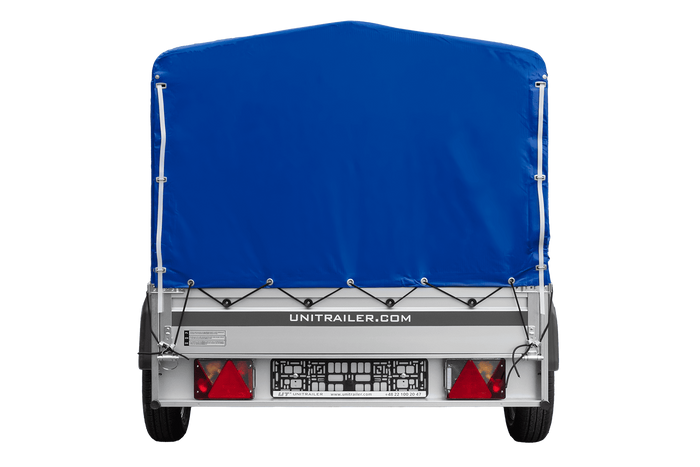 Enkelassige aanhanger op veren met aluminium zijwanden 230x125 Unitrailer Garden 230/R KIPP ALU met H-800 frame en blauwe afdekking