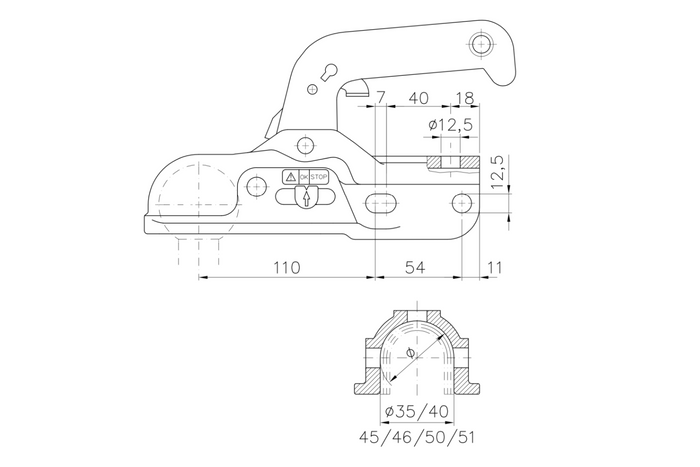 WINTERHOFF WW 30-K+Z kogelkoppeling voor een aanhanger van 3000 kg met een dissel van 35-51 mm buis, gietijzer.
