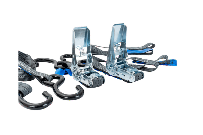 Set van twee HILLS 3m/25mm/1t transportbanden met spanmechanisme en twee 0,45m riemen voor het vastzetten van de motorfiets.