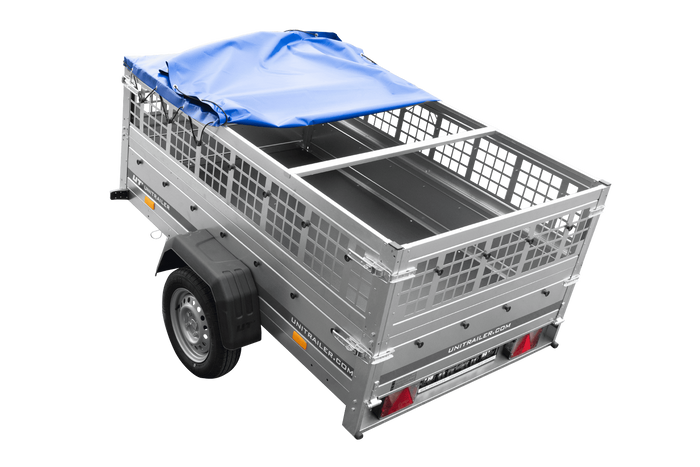 Enkelassige aanhanger 200x125 UNITRAILER GARDEN 201 KIPP met gaaswanden en blauwe afdekking