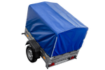Lichte aanhangwagen Garden Trailer 150 KIPP met afmeting van 150x106 met blauwe zeil en huif MTM 750 KG 