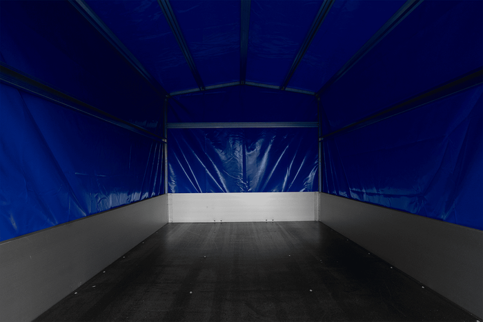 Autoaanhanger met aluminium zijwanden 264x150 Unitrailer Garden 265 KIPP ALU met H-1100 frame en blauwe afdekking
