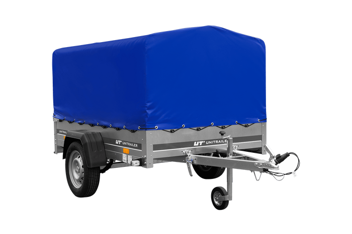 Enkelassige aanhangwagen op veren 200x125 UNITRAILER GARDEN 201/R KIPP met H-800 frame en blauw dekzeil
